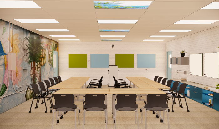 Rendering of a classroom with rows of tables and a wall mural