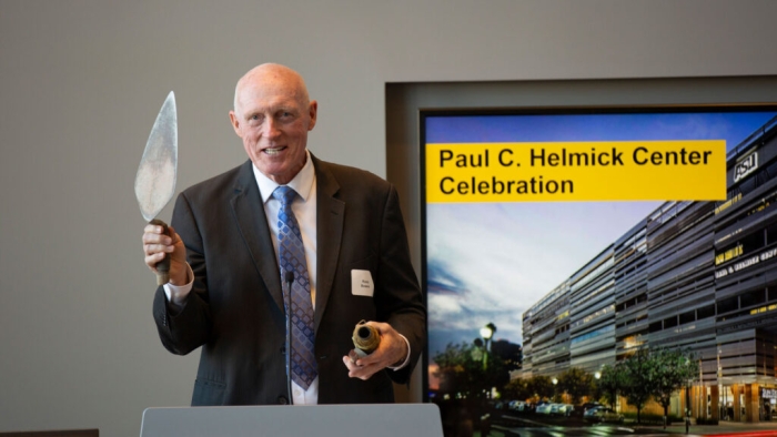 Former Speaker of the Arizona House of Representatives Russell “Rusty” Bowers, a friend of the Helmicks, pulled out a masonry trowel, a fold-out measuring tape, a lead line and line blocks, then shared the importance of following the principles taught in the Helmick Center to construct something that will have strength, cohesion and integrity to stand the test of time. Photographer: Erika Gronek/ASU