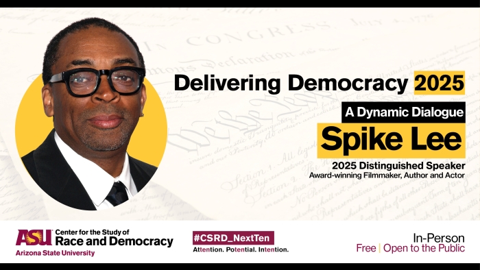 Flyer for "Delivering Democracy" event with a portrait of Spike Lee.