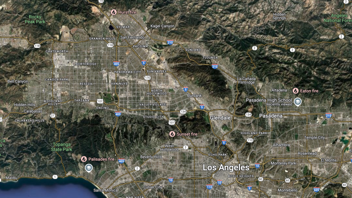 Google satellite map noting the location of Los Angeles fires