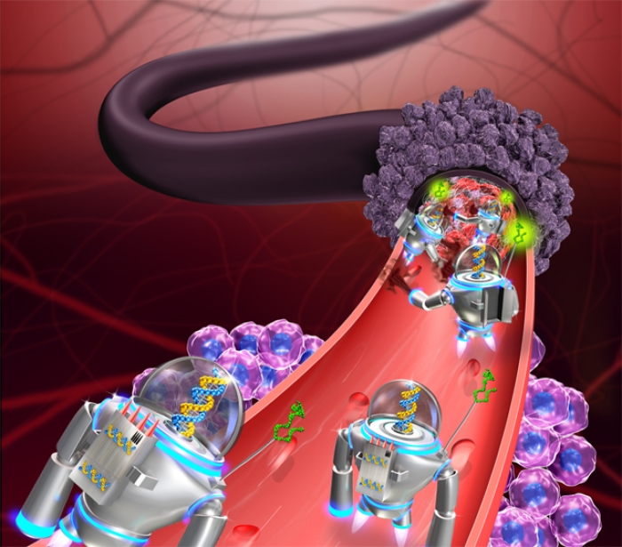 Illustration of nanorobots shrinking tumors