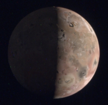 A raw image of Io captured by the Juno spacecraft as it flew by the moon on April 9, 2024