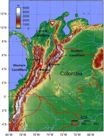 Map showing the Andes Mountains in Colombia.