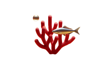 A maroon piece of coral with a silver fish swimming by