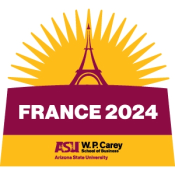 Marron and gold graphic of the Eiffel Tower with the text "France 2024."