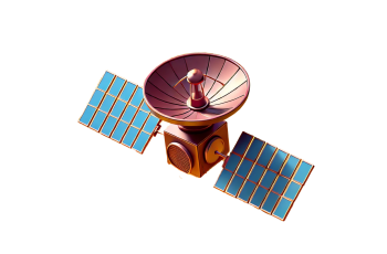 A maroon satellite with light blue solar panels