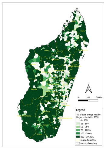 color-coded map of Madagascar that shows many regions could meet over 100% of energy needs with potential biogas resources