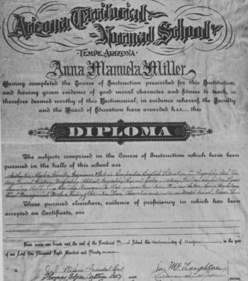 Image of a historical diploma document from Arizona Territorial Normal School