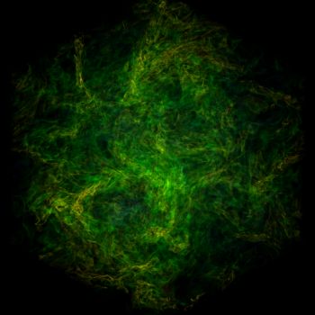 Green particle swirls on a black background