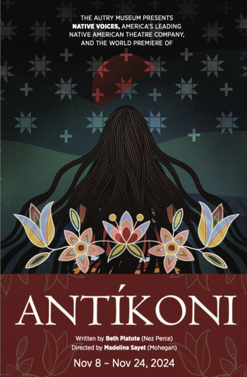 Poster for the play, "Antíkone," with the back of a females heads and flowers with a dark green and blue background.