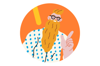 Colorful illustration of a man with a long beard making a pointing gesture with his hand