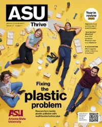 Cover of ASU Thrive magazine depicting people lying on yellow background with plastic around them