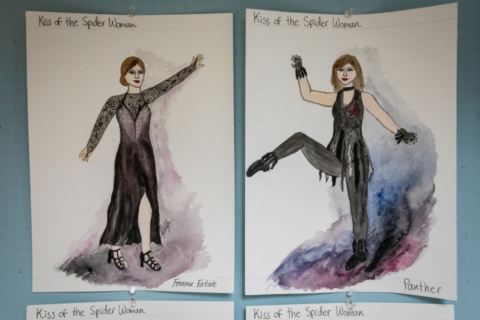 colored pencil sketch of costumes for 'Kiss of the Spider Woman'
