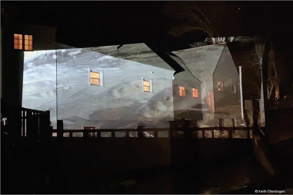 Alewives projected on historic Jenney grist mill in Plymouth Mass.