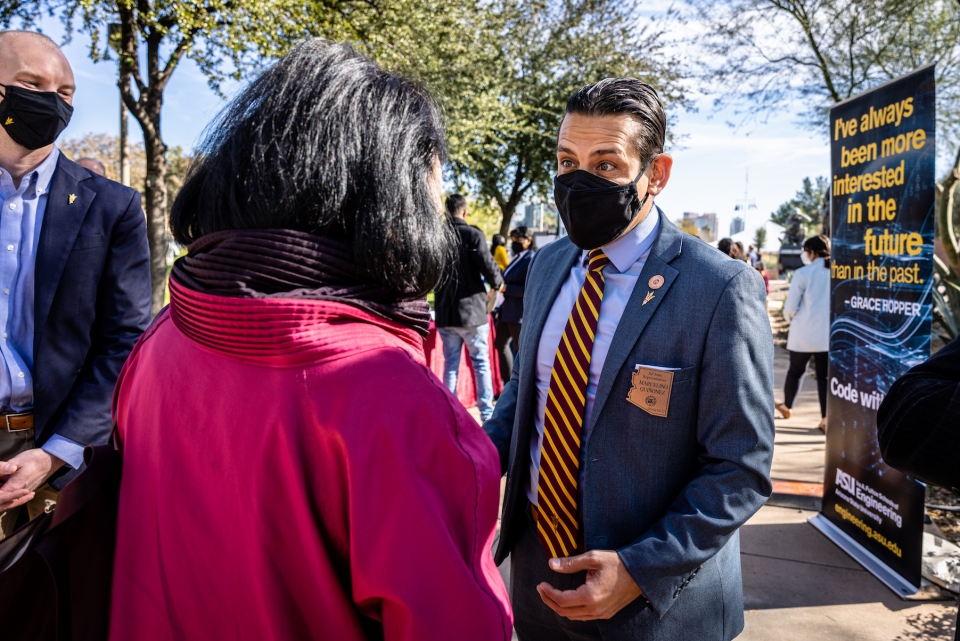 Representative Marcelino Quiñonez chats with Alumni Association President and Senior Vice President and Secretary of the University Christine Wilkinson at ASU Day at the Capitol 