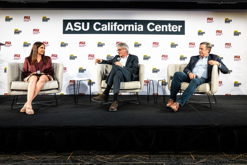 Three people talking on stage at ASU California Center.