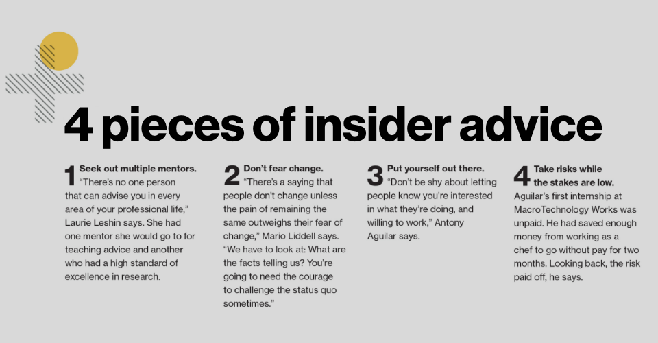 4 pieces of insider advice: Seek out multiple mentors; Don’t fear change; Put yourself out there; Take risks while the stakes are low.