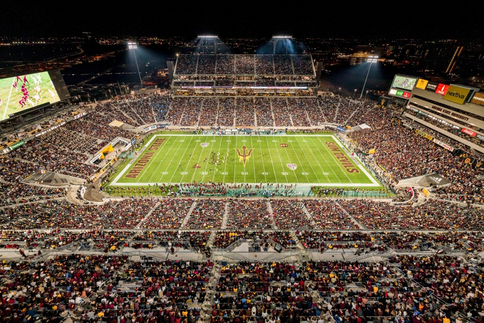ASU's football stadium during use for a football game and packed with fans