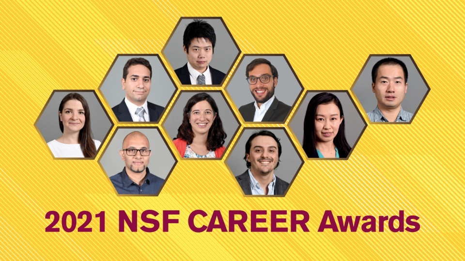 Graphic with nine photos of faculty members and 2021 NSF CAREER Awards