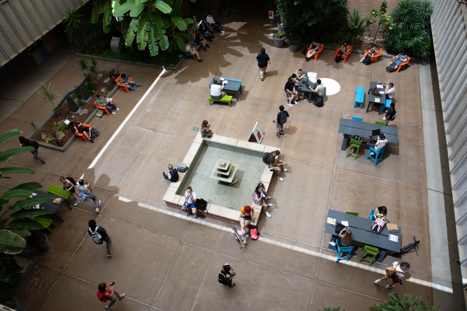 View above of students relaxing in an ASU courtyard