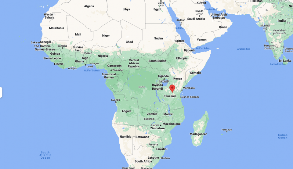 Screenshot of Google maps marking an area in Tanzania, Africa. 