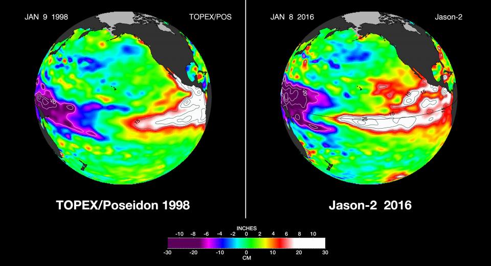 Satellite imagery of heat patterns over the Pacific Ocean.