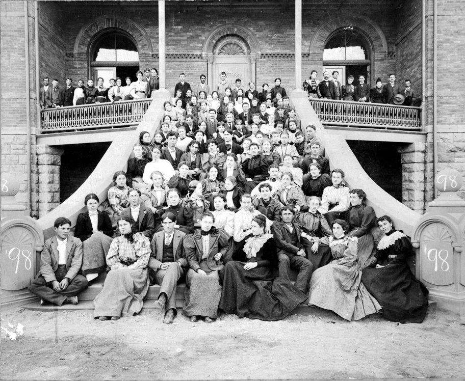 1898 photo of students on the septs of Old Main. Courtesy of ASU Library