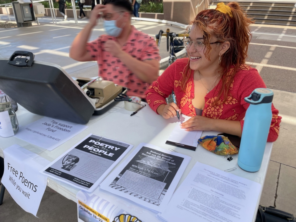 Creative writing students M. McDonough and Aida Campos participate in a Humanities Week event on the ASU campus, Oct. 2021. / Photo courtesy Sally Ball