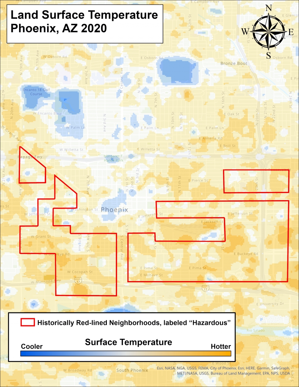 Map of land surface temperatures and redlining in Phoenix