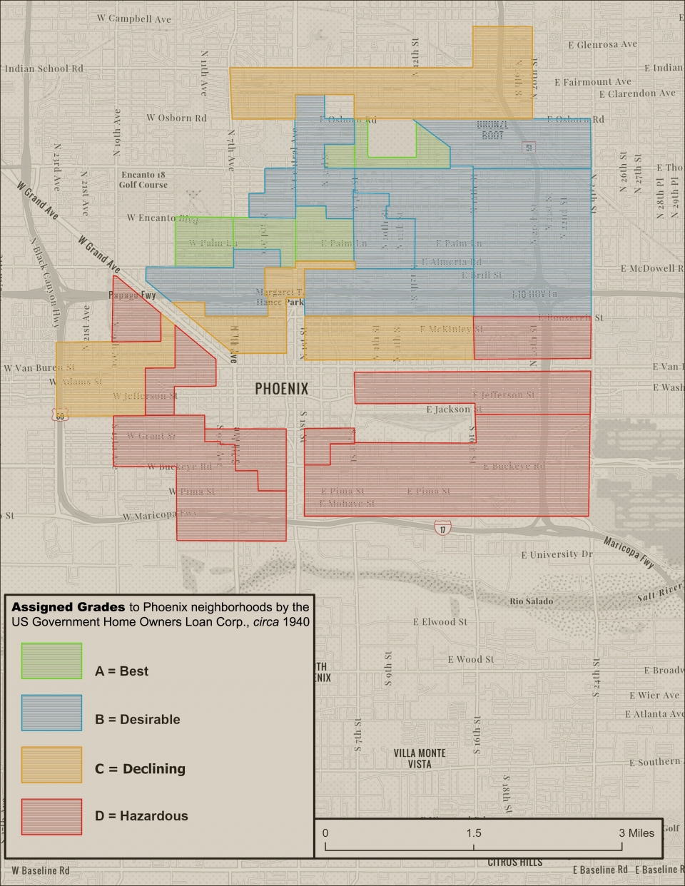 Map of Phoenix neighborhoods that were historically redlined