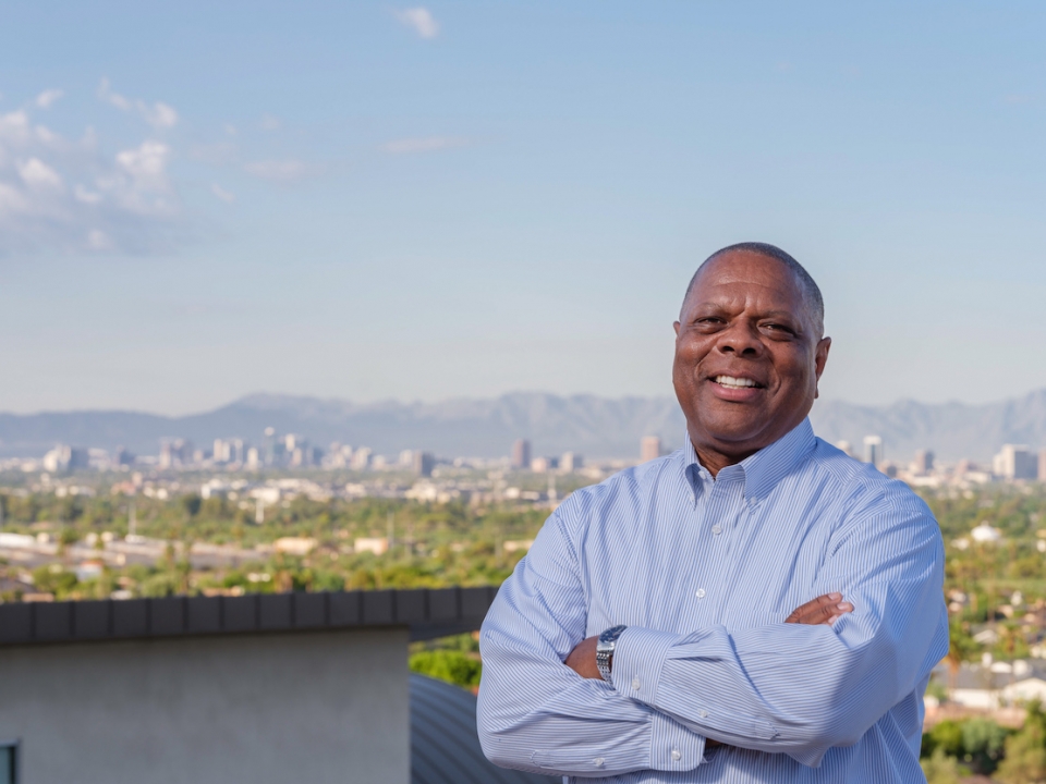 Kevin Robinson poses on roof deck, for City of Phoenix Council Member campaign headshots