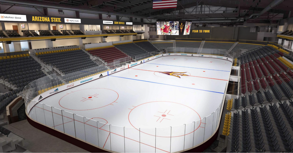 An artist rendering of the new ASU multipurpose arena showing the interior ice rink surrounded by seats