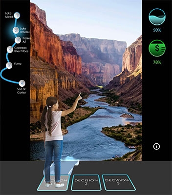 Artist's concept of a mixed-reality computer game showing a young person pointing to a screen showing the Colorado River.