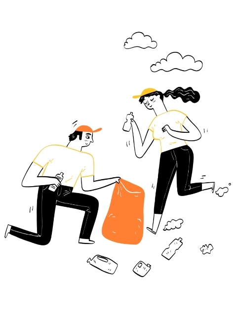 Illustration of people cleaning up trash