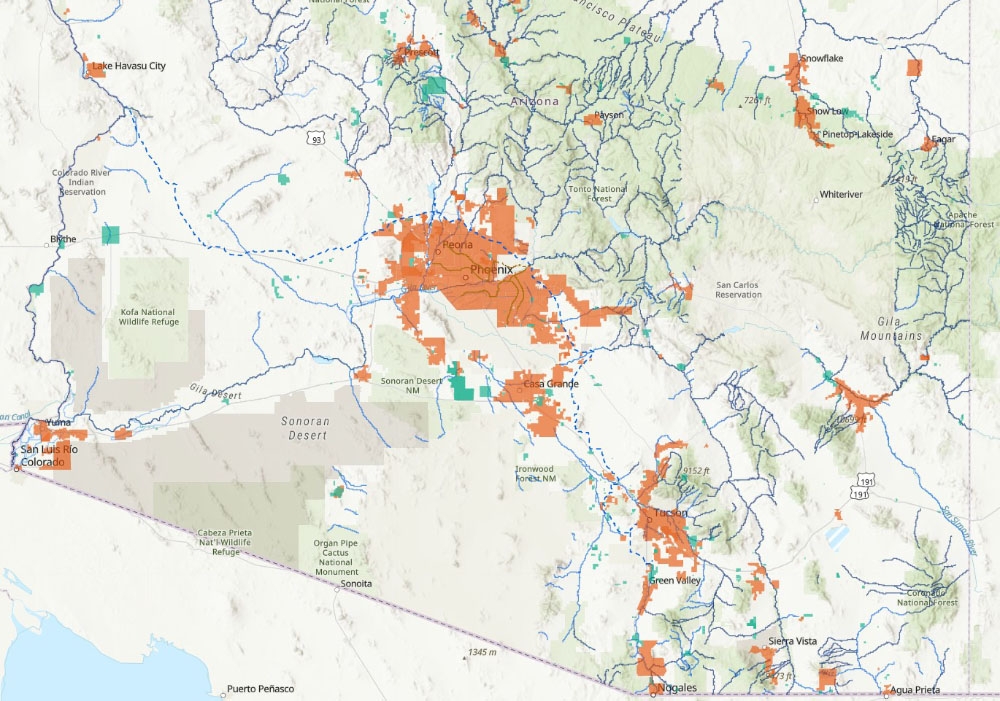 screenshot of AZ Water Blueprint map showing CAP and SRP canals, rivers and streams, and community water system service areas