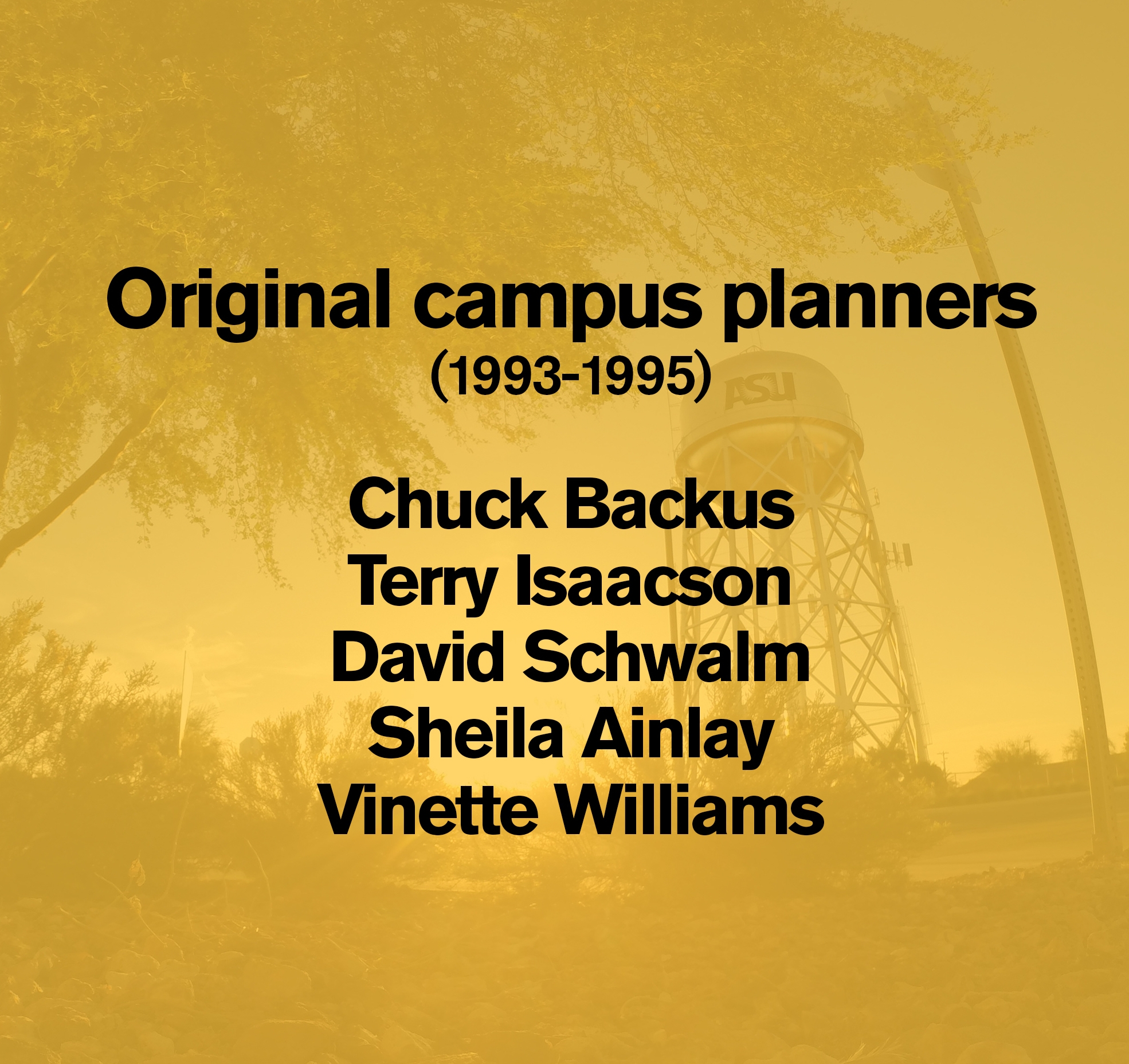Graphic with the names of the Polytechnic campus original planners: Chuck Backus, Terry Isaacson, David Schwalm, Sheila Ainlay, Vinette Williams