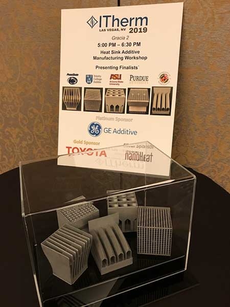 Heat sinks designed by all five finalists of the IEEE ITherm conference competition
