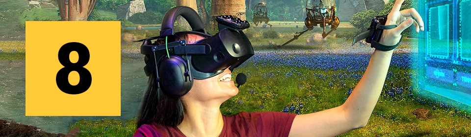 A student exploring an Alien Zoo through virtual reality.
