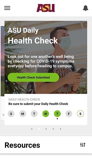Screenshot of the ASU health check app
