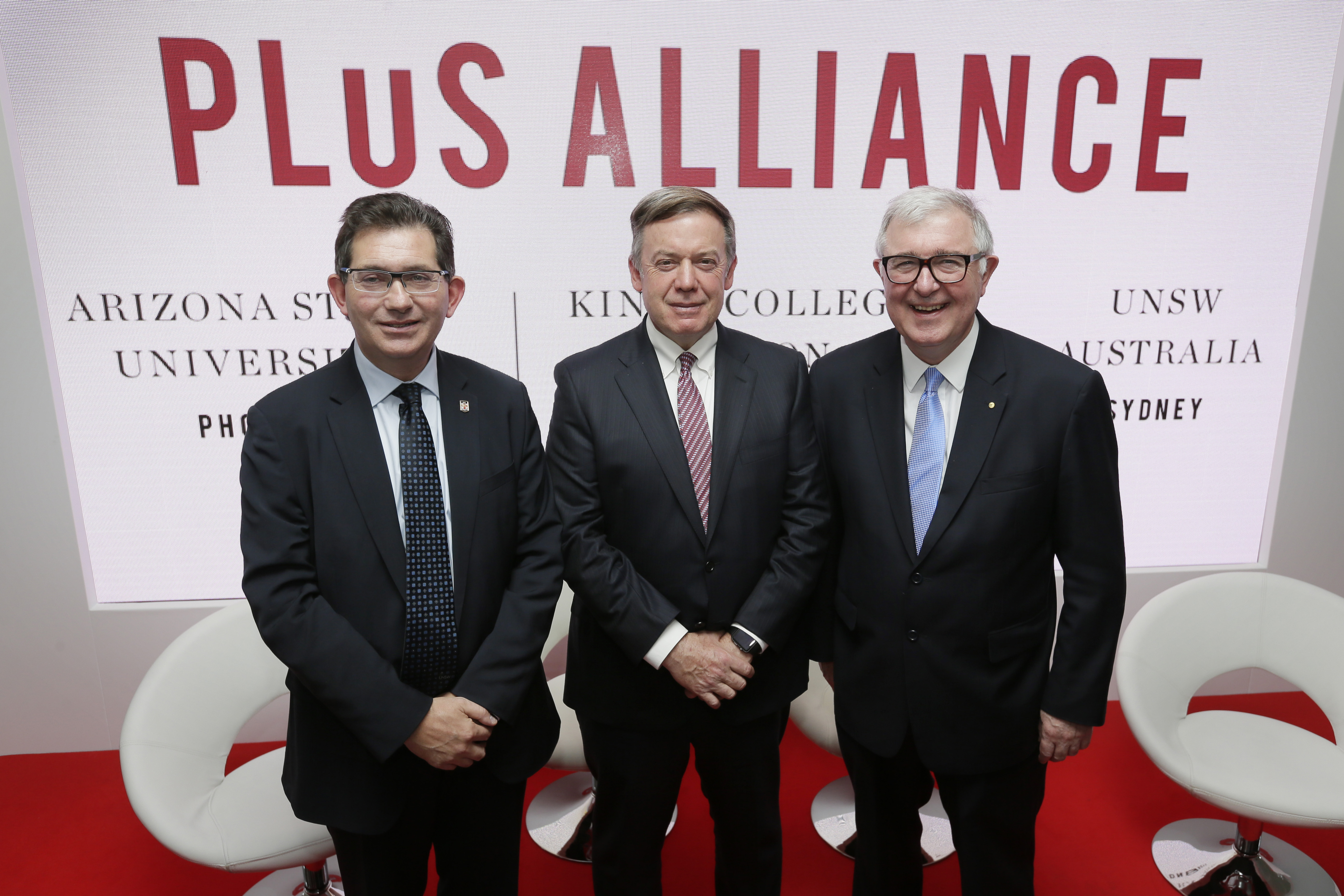 A photograph of (from left) Ian Jacobs of UNSW Australia, ASU President Michael Crow and Edward Byrne of King's College London, and 