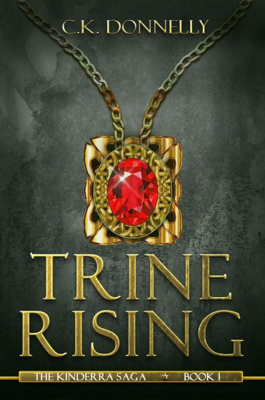 book cover for "Trine Rising" with illustration of jeweled necklace on it