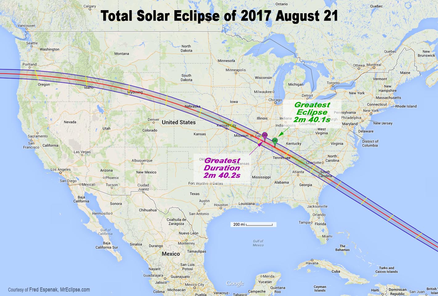 Map of the path of the total solar eclipse happening in August 2017