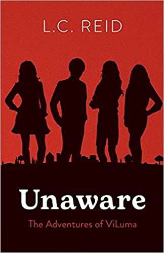 Book cover for "Unaware." Has a red background with black silhouettes of four people