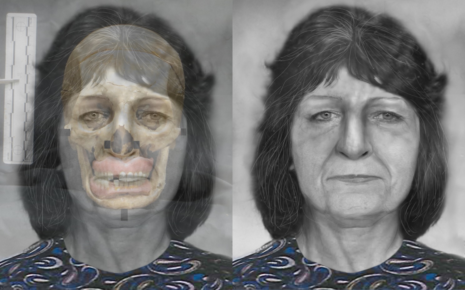 A woman's face is shown in a facial reconstruction from a skull.