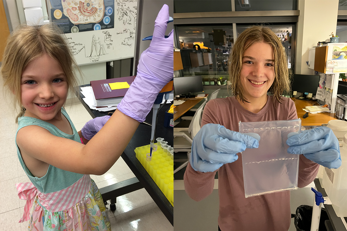 Then-and-now images of a girl working in a lab, about ten years ago compared to now.