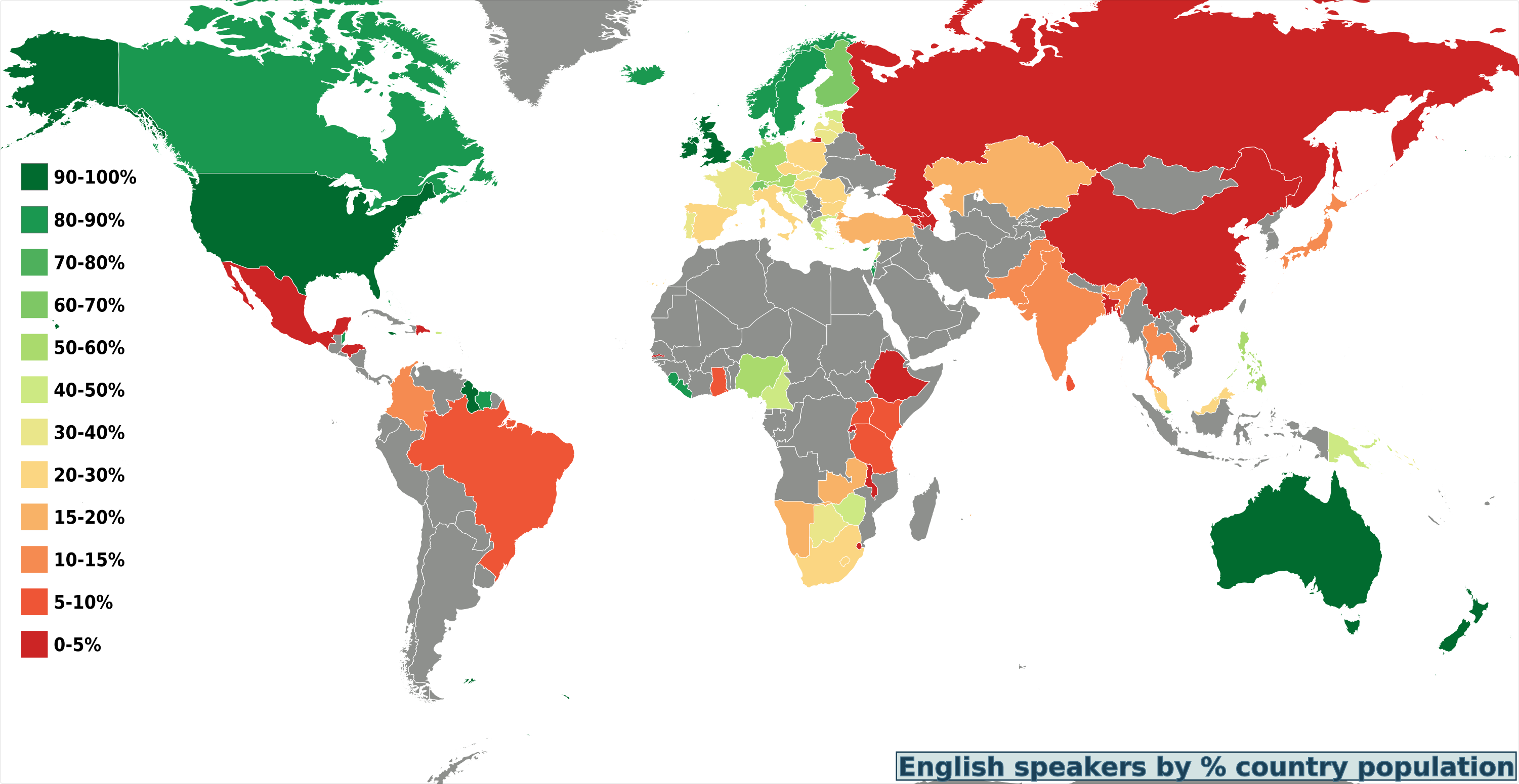 World Map Percentage English Speakers by Country (by Felipe Menegaz, Peter Fitzgerald on Wikimedia under 4.0)