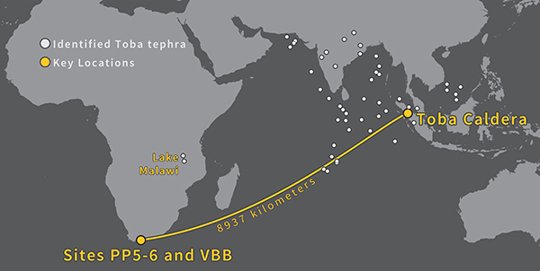 Map of volcanic ash disbursement-Mt. Toba to Mossel Bay PP5-6