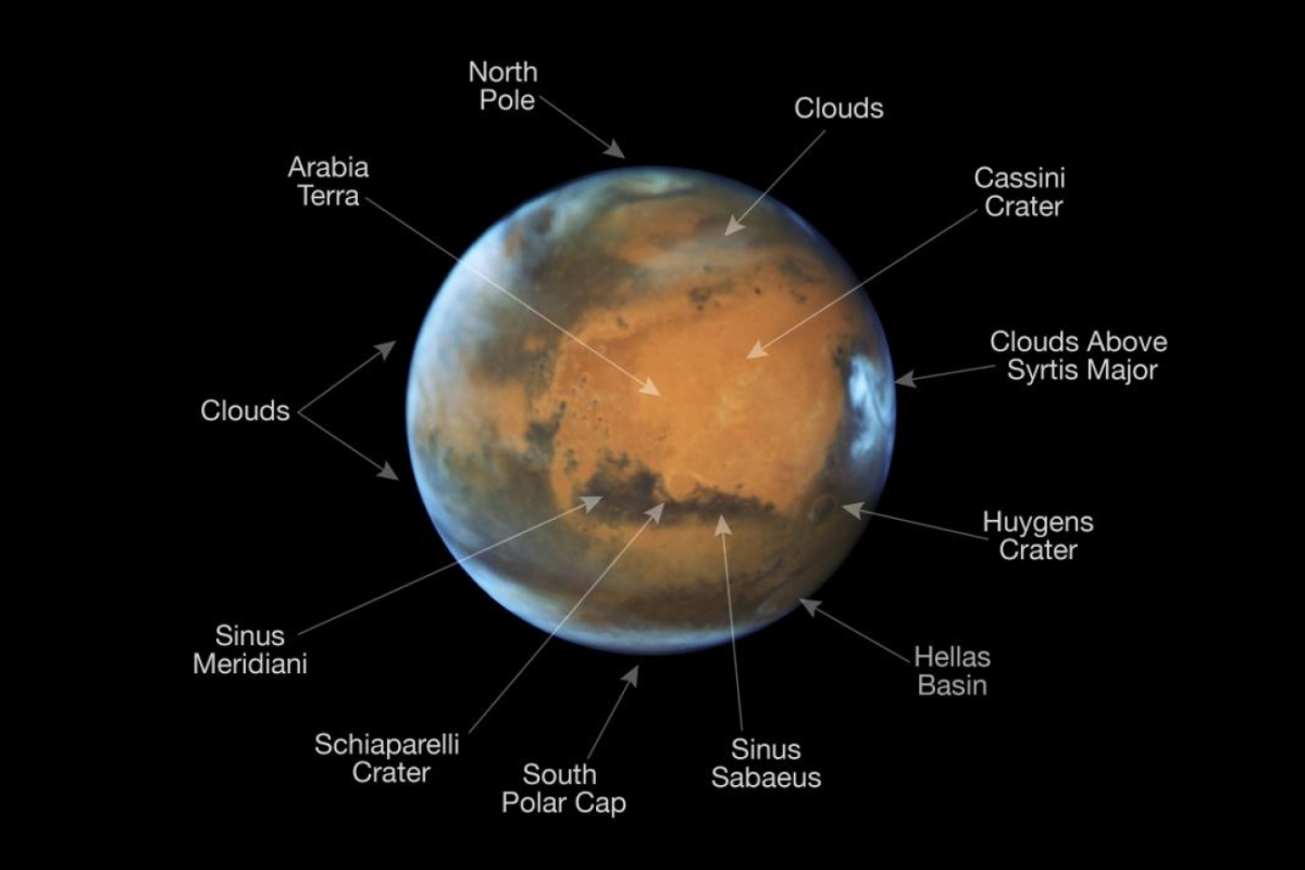 An annotated version of the latest image of Mars from the Hubble Space Telescope