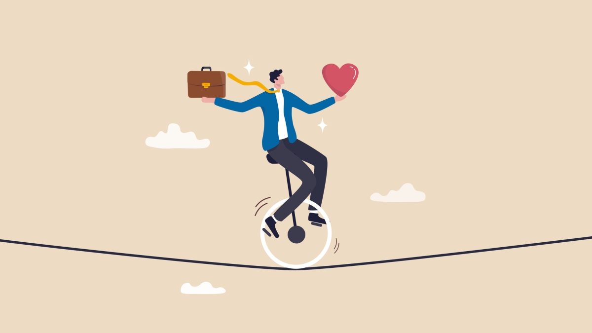 Illustration of a person riding a unicycle on a tightrope holding a briefcase in one hand and a heart in the other