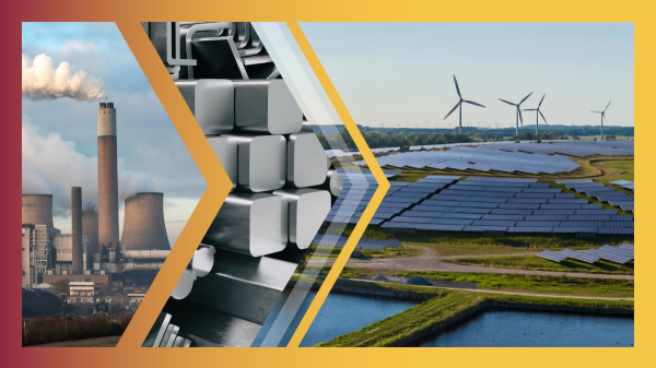 A graphic representing the decarbonization and electrification of industry, displaying towering smokestacks giving way to a field of renewable energy sources. 